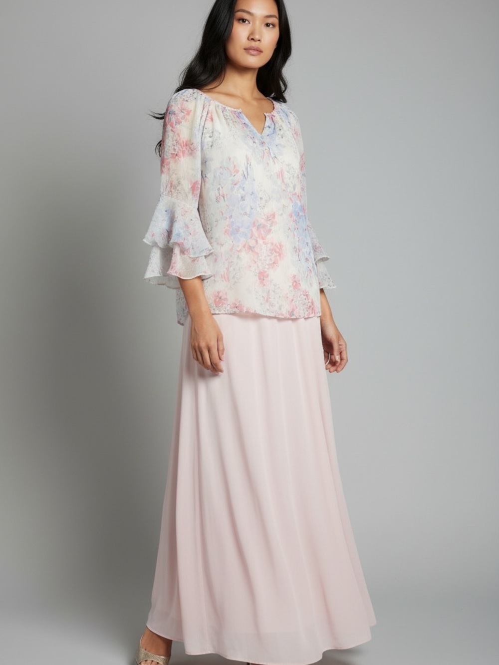 Chaps Pastel Floral Blouse with Double Ruffle 3/4 Sleeve